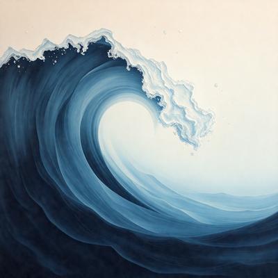 The primary subject of the image is a large wave in the ocean. The wave is depicted in a painting, which showcases the artist's skill in capturing the dynamic nature of the ocean. The setting is the vast expanse of the ocean, with the wave as the main focus. The visual style is a painting, which gives the image a more artistic and detailed appearance. The colors and mood of the image are predominantly blue, which is associated with calmness and tranquility.